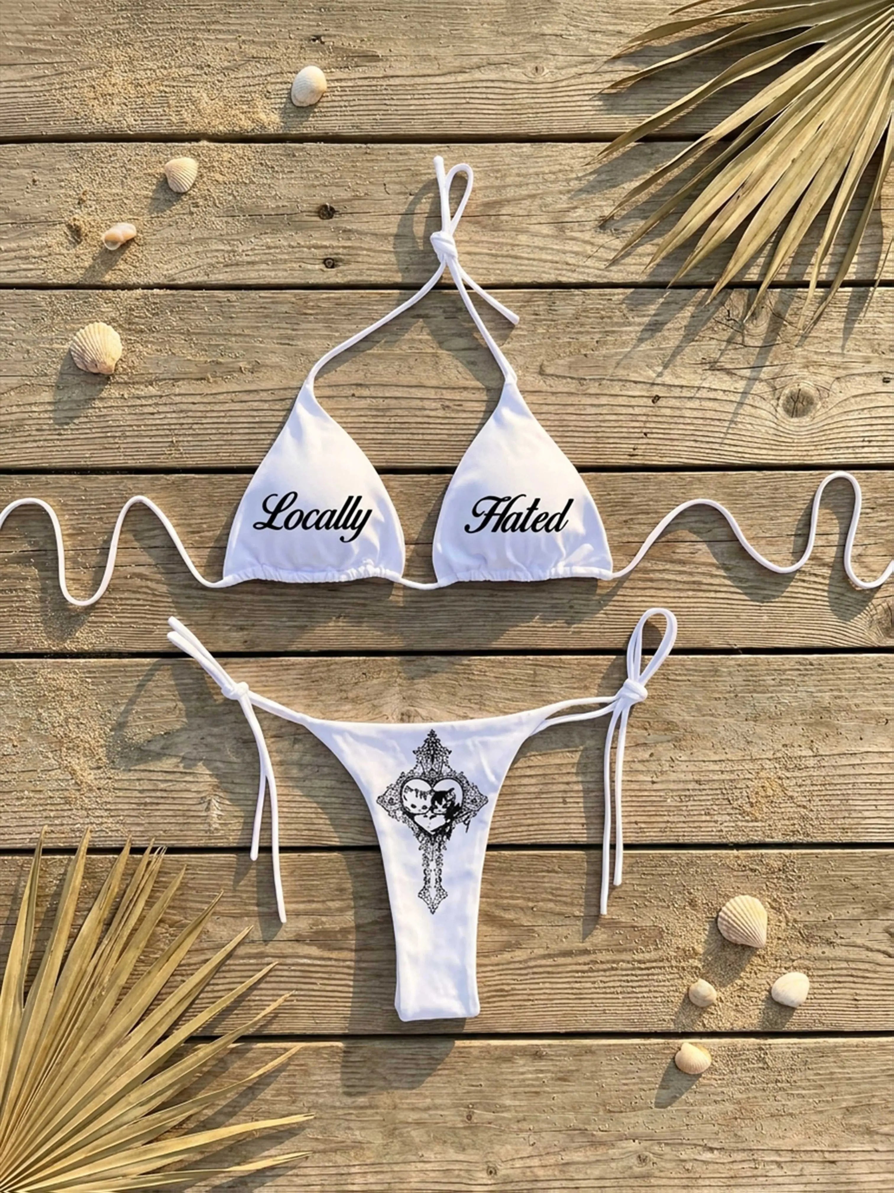 2026 New Y2K Summer American Retro Text Printed Hot Girl Hanging Neck Strap Bikini Street Trend Simple Leisure Beach Vacation