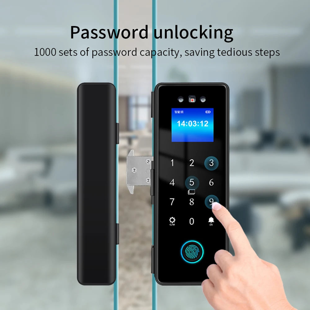 3D Face Tuya Wifi Electronic Smart Glass Door Lock With Biometric Fingerprint/RFID Card /Password Unlock/USB Emergency Charge