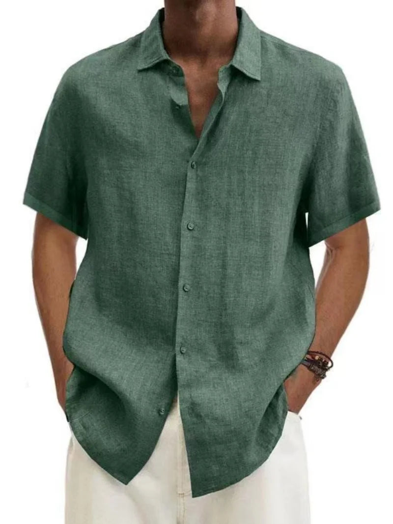 Men's Short Sleeve Linen Blend Shirt Casual Button Down Collar Lightweight Breathable Top