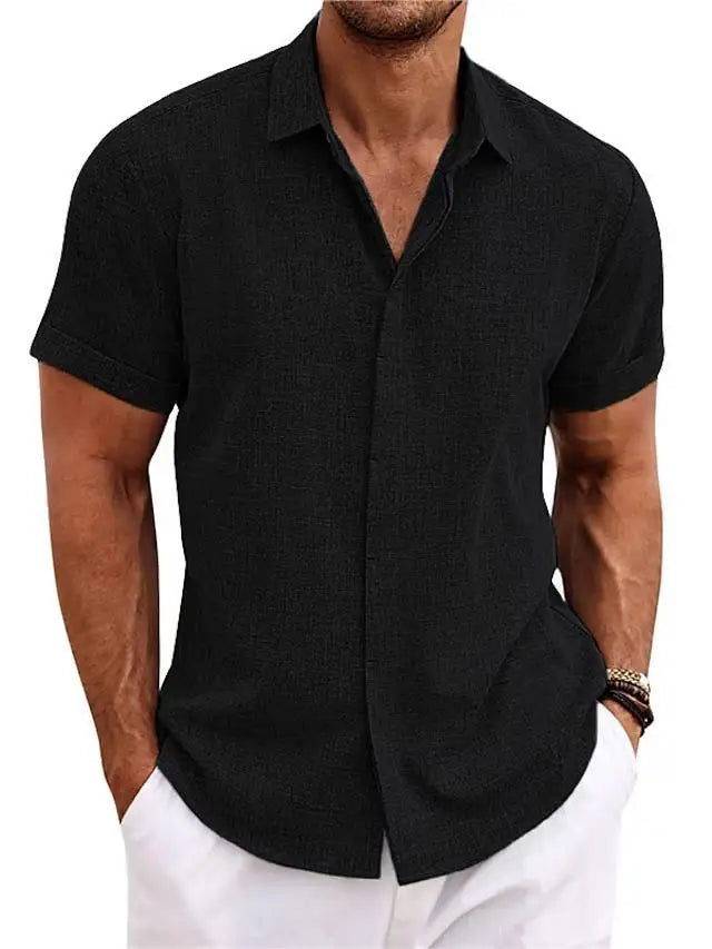 Men's Casual Beach Lightweight Linen Sve Shirt Color Standard Fit Short Sleeve Cleanfit PU Leather Inner Wear Pure Color