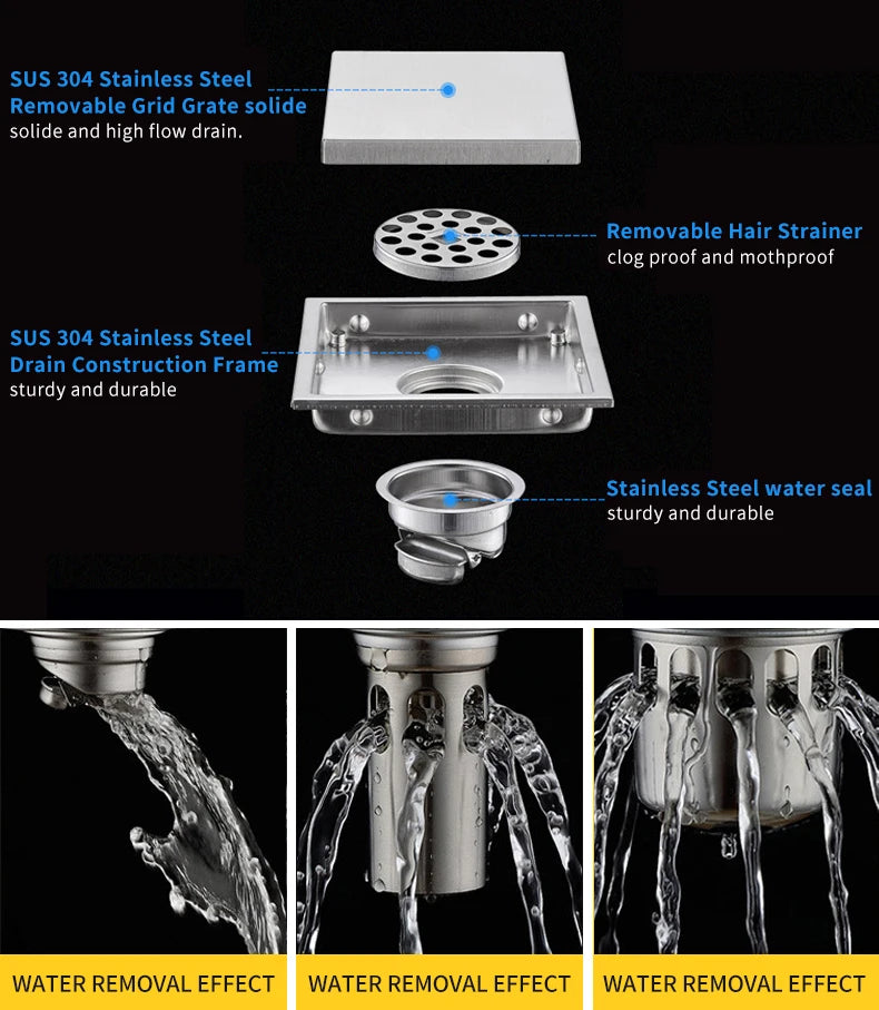 Square Shower Drain Tile Insert Anti Odor Stainless Steel Floor Drain Kit with Removable Grate Cover Hair Strainer Black Gold