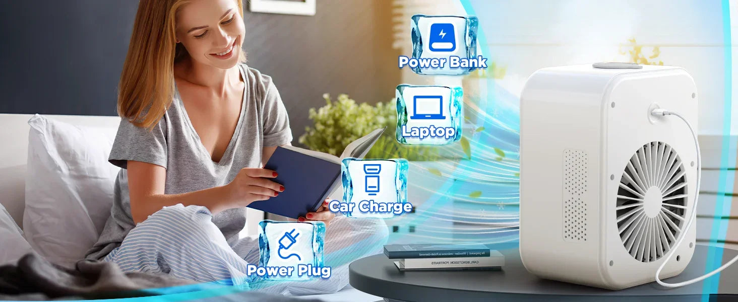 Portable Air Conditioners,3-In-1 Cooling Fan Air Conditioner with 2-Speed,Built-In 1800mah Battery,Air Cooler for Home&Outdoor