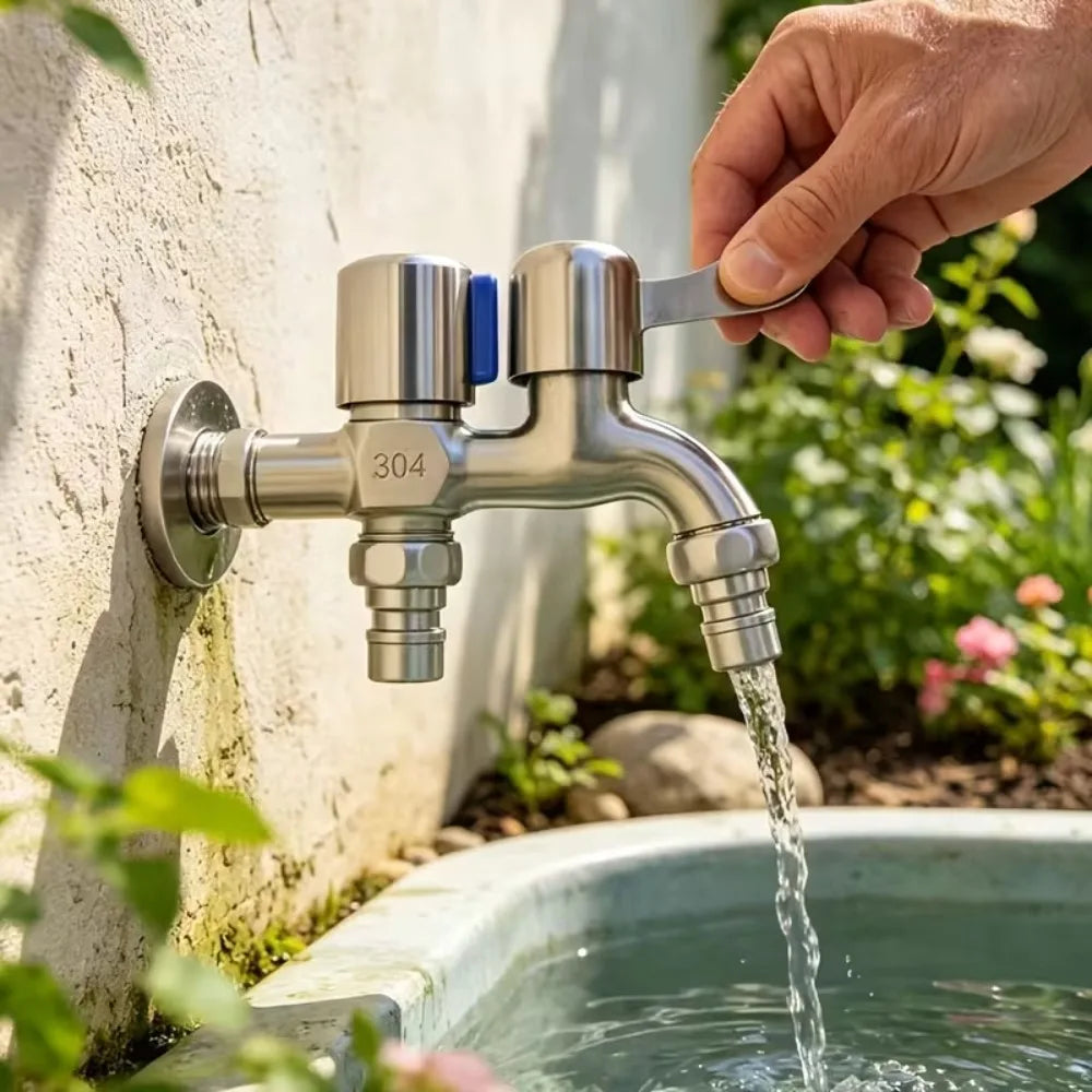 Stainless Steel Faucet Double Outlet Dual Control Water Tap One in Two Out 1/2" Faucet Bidet Faucets Garden Bathroom Accessories