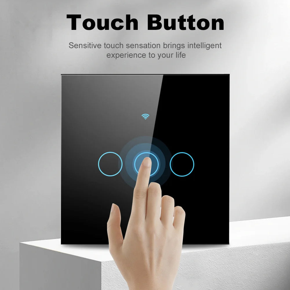 Smart EU Touch Sensor Switch Switches LED Crystal Glass Panel Wall Lamp Light Switch 1/2/3/4Gang No Neutral Wire APP Control