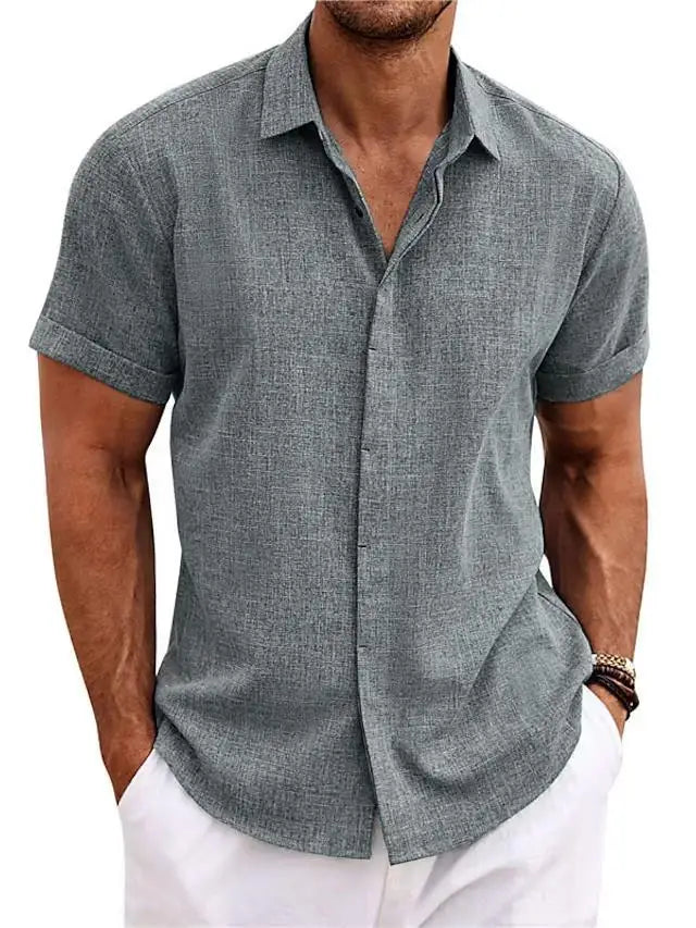 Men's Casual Beach Lightweight Linen Sve Shirt Color Standard Fit Short Sleeve Cleanfit PU Leather Inner Wear Pure Color