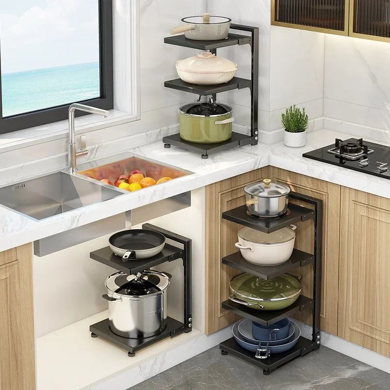 Kitchen Storage Rack Adjustable Plates and Pots Carbon Steel Storage Rack Free Layered Snap-on Floor Pot Rack Kitchen Storage