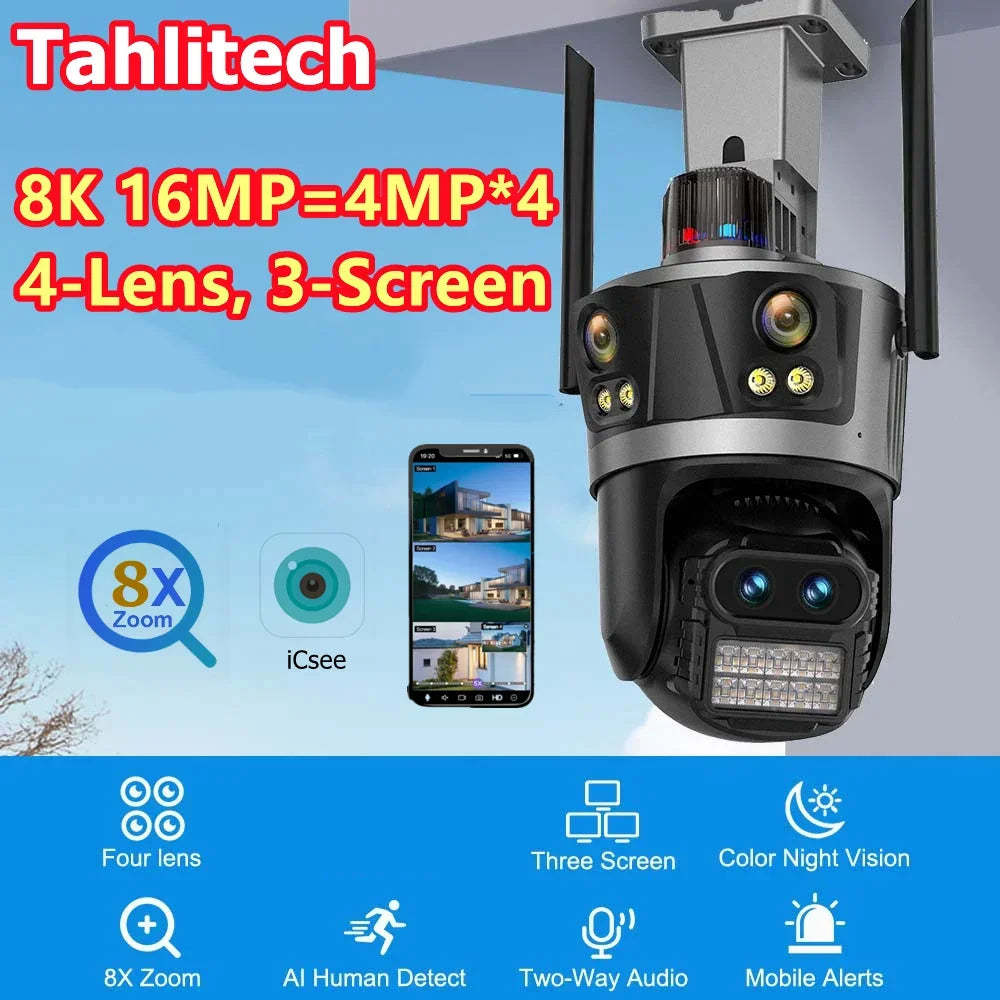 WiFi Surveillance Camera Four Lens Four Screen 8K 16MP IP Camera 8X Optical Zoom Auto Tracking CCTV Alexa ICsee New Security Cam