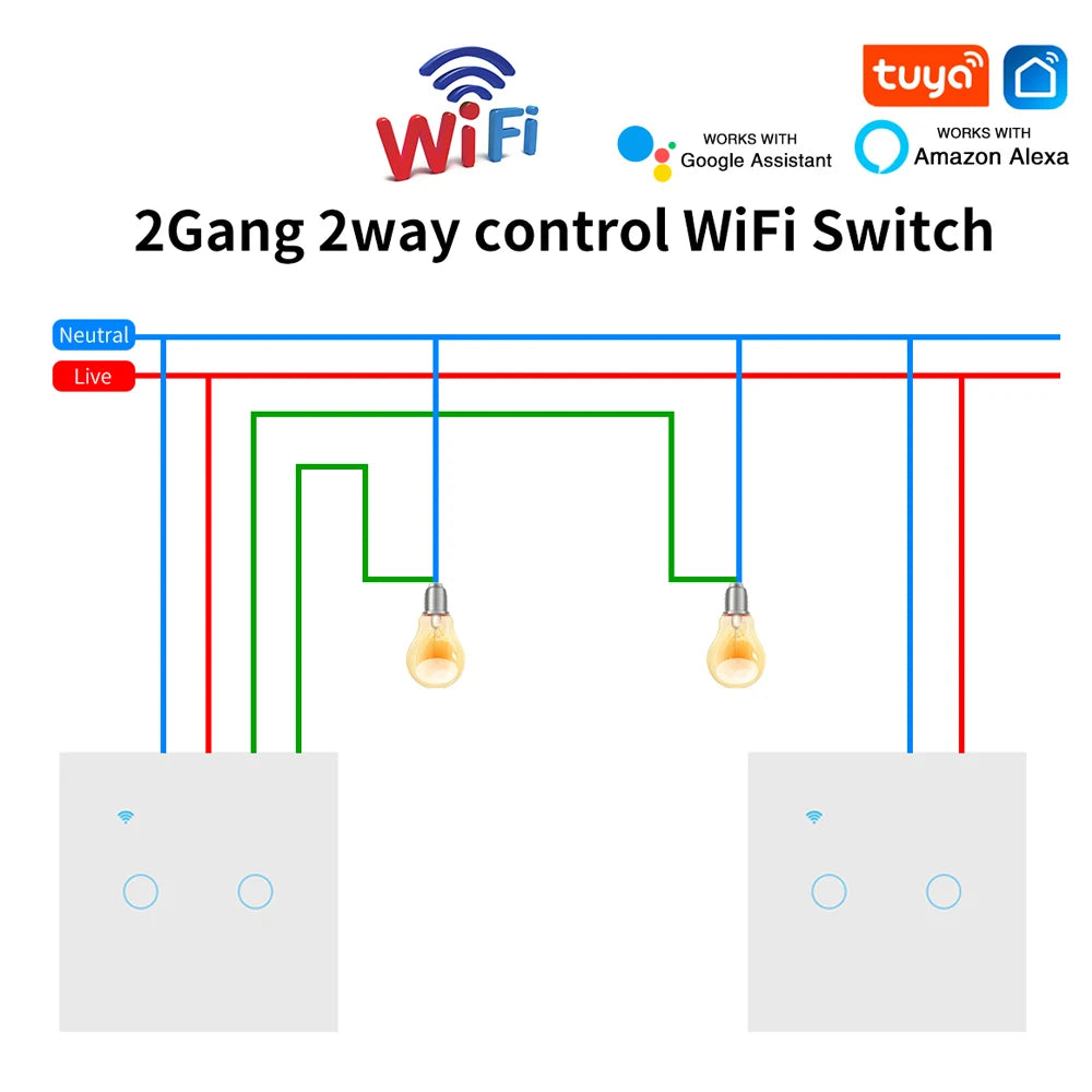 Wifi Smart  2way Switch 1gang 2gang 3gang Two Way Wall Touch Switch Voice and Smart Life TUYA APP Control For Stairs Corridors