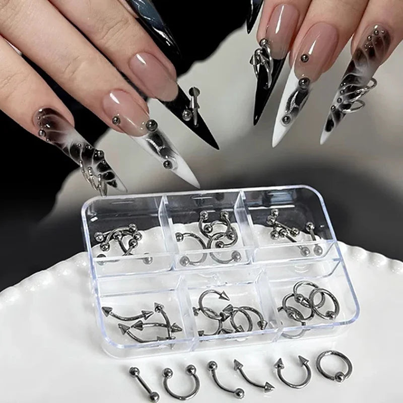 30pcs/box 6 Grids Nail Piercing Punk Charm Metal Alloy Pierced Black/White Nail Jewelry Decor 3D Nail Supply For Cool Girl