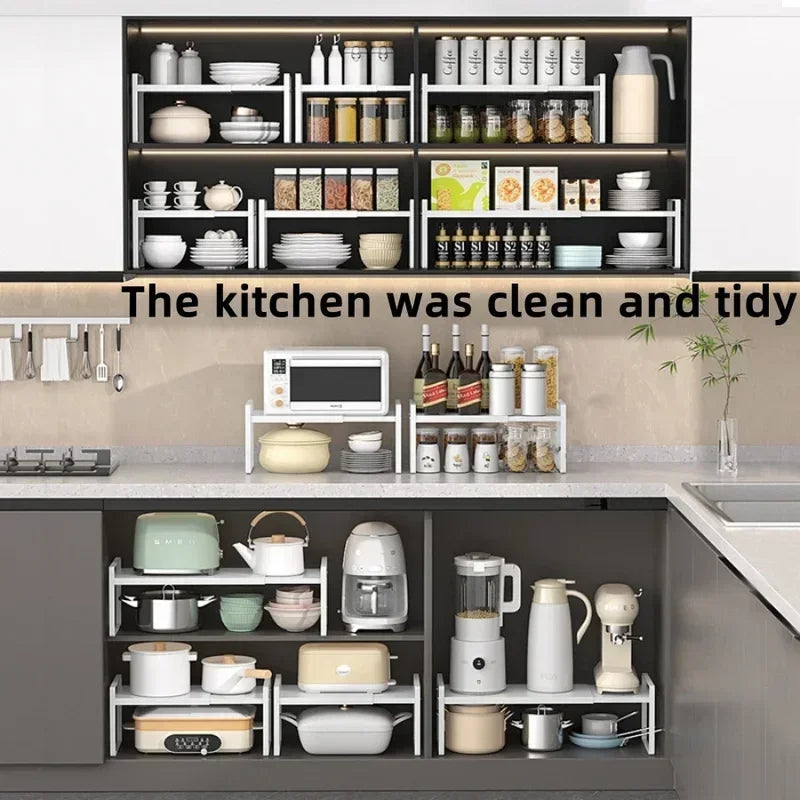 Expandable Kitchen Cabinet Organizer Multi Level Layered Storage Rack for Seasonings Dishes Spices Plates Space Saving Home