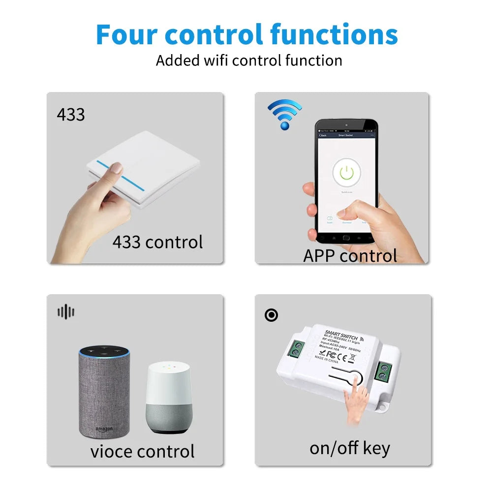 Long Distance Smart Tuya Wifi Wireless Switch Black And  White 1/2/3gang RF433 Remote Control Light Switch CR2032 Power Supply