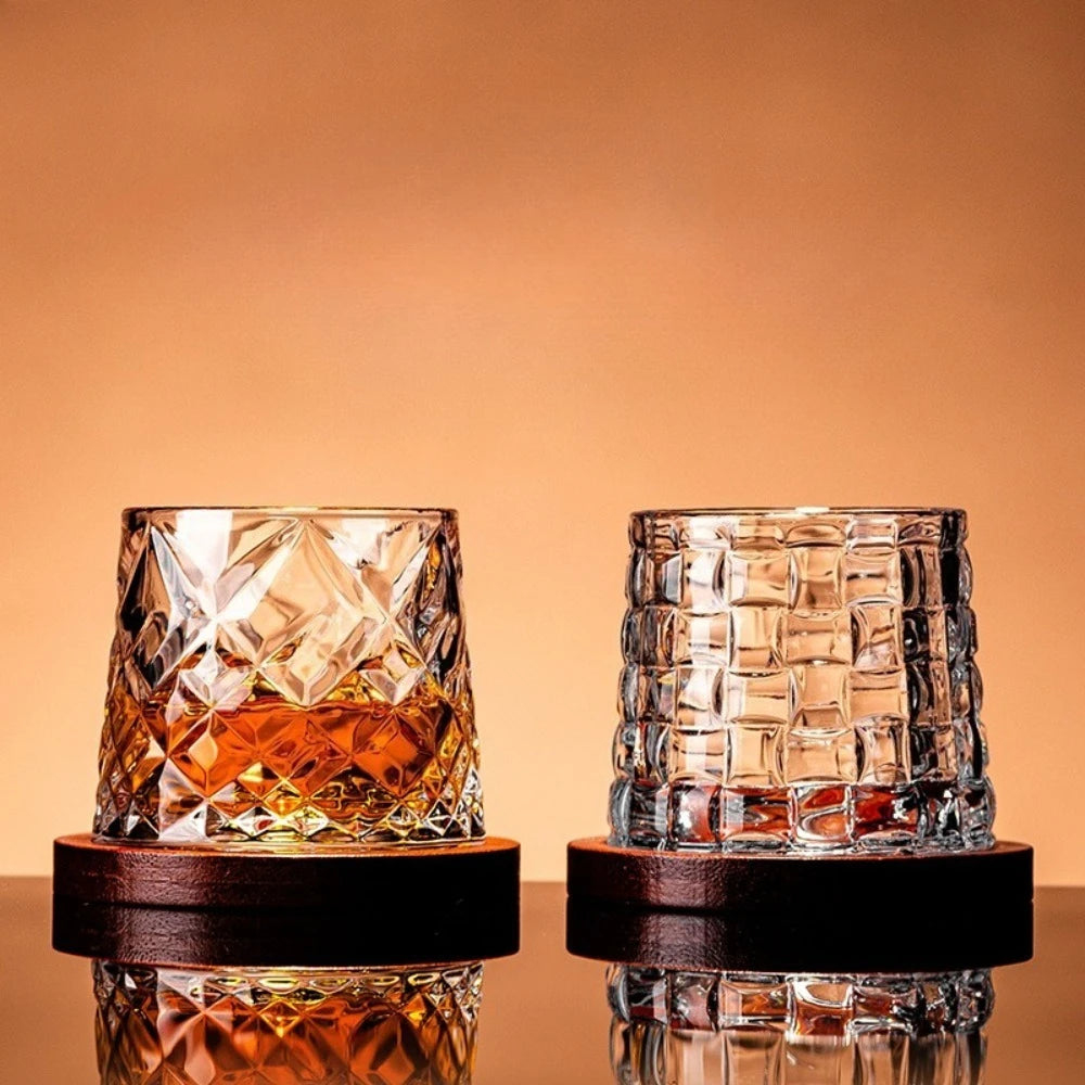 9 Oz Crystal Whiskey Tumbler Swivel Old Fashioned Glass with Round Wooden Coaster for Family Gatherings Cocktail Party Bar