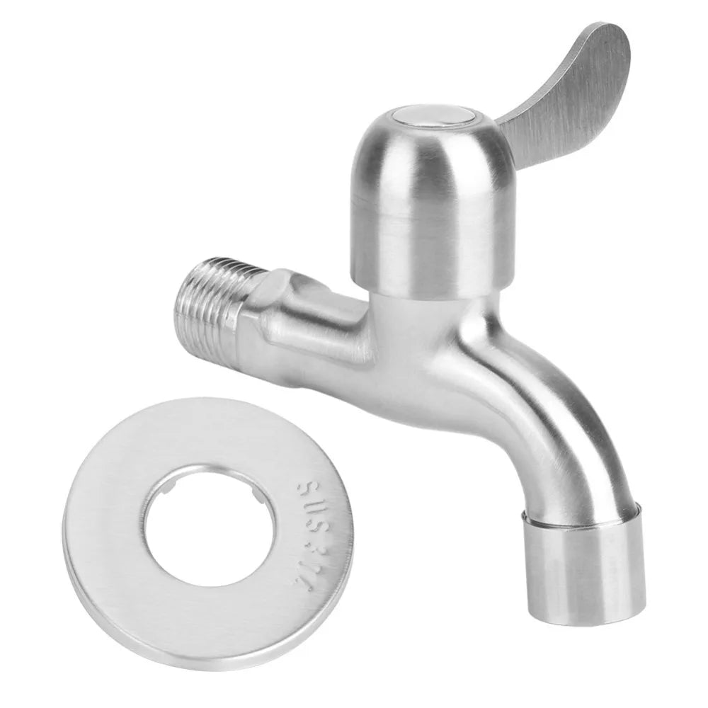 304 Stainless Steel Faucet G1/2 Inch Thread Single Lever Faucet Tap with Bubbler and Valve Wall Mounted Water Tap Garden