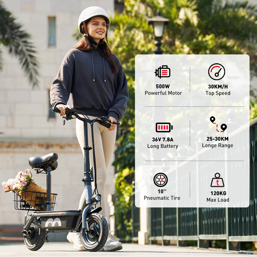 iScooter F2 Electric Scooter 500W Foldable Scooter 7.8Ah Electric Kick Scooter 30km Range 30km/h E-Scooter With Basket Daily