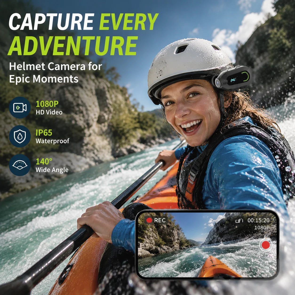 Action Camera - 1080P HD 30FPS Video, 9 Hour Battery, Waterproof, 300 Degree Rotating Lens, Streaming, Dashcam, Low Light Film.