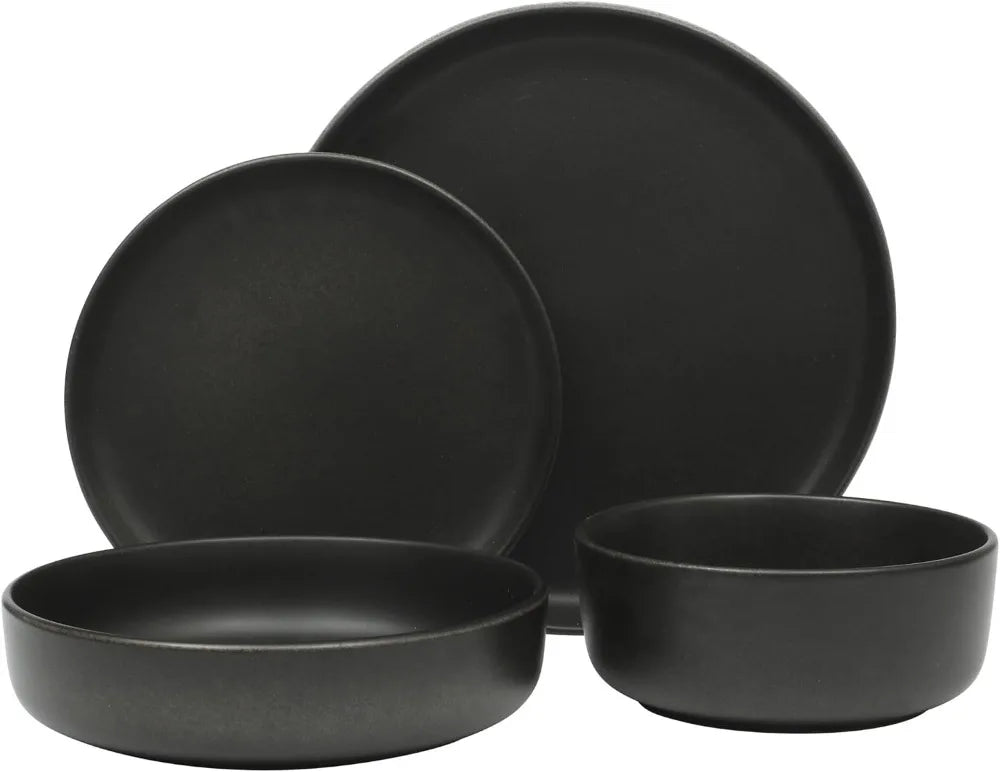 16pc Stoneware Dinnerware Set, Reactive Glaze Plates Bowls, Black