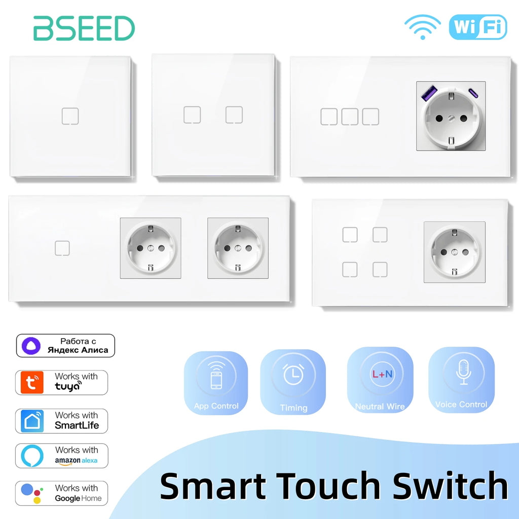 BSEED 1/2/3/4Gang WIFI Touch Switch Glass Panel Smart Wall Light Switch Touch Screen Phone Fast Charge USB C Socket E Series