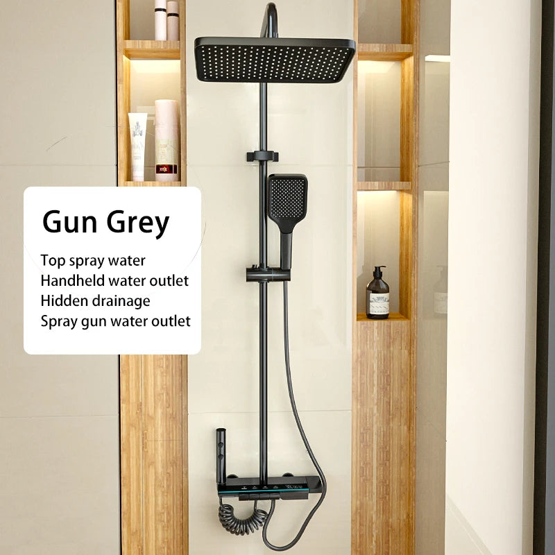 Gun Grey Bathroom Shower Set Digital Display FourFunction Shower System Rainfall Pressurized Piano Key Shower Faucet Set