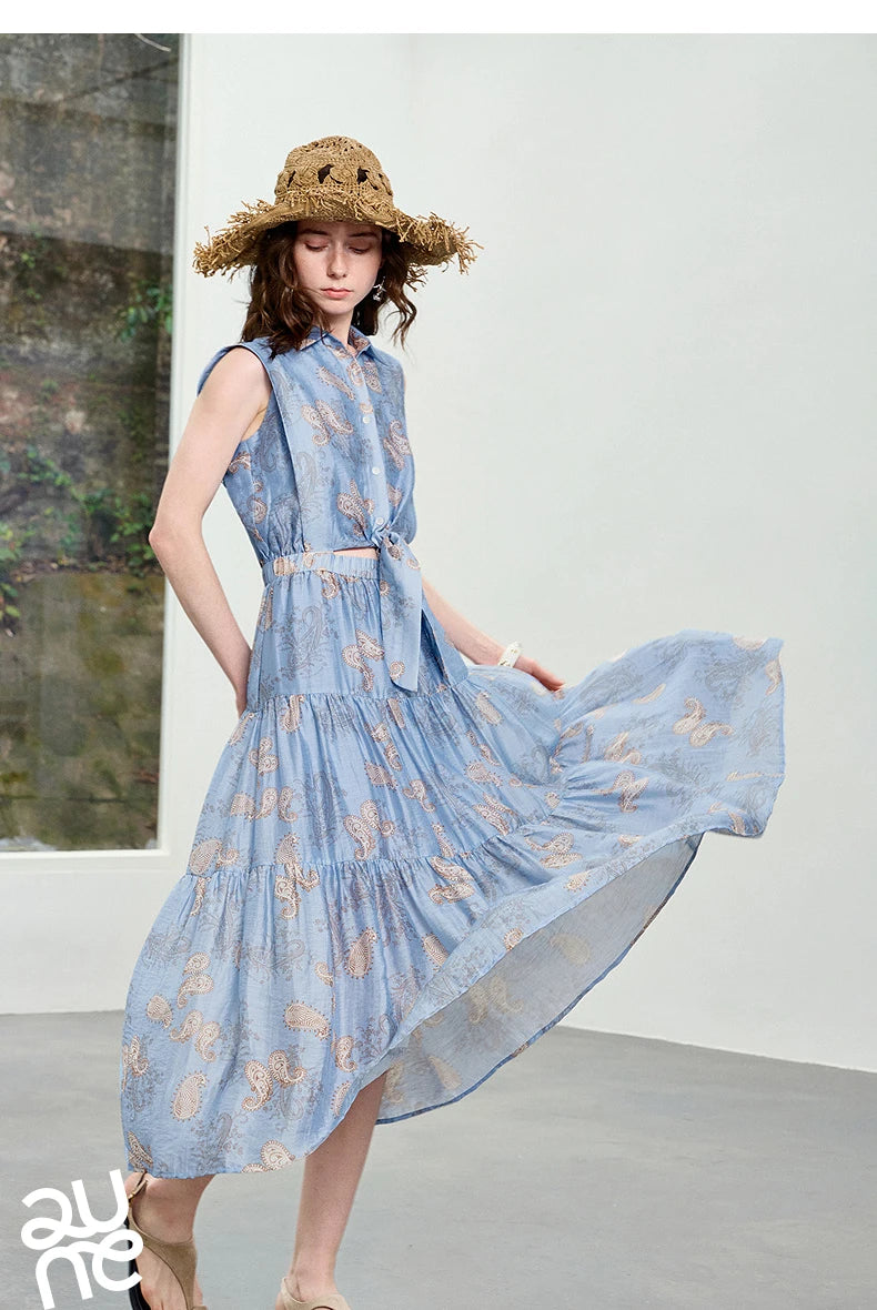 TOYOUTH Women Dress 2026 Summer New Blue Paisley Print Vintage Tank High Waist Tiered Cake Trendy Dresses