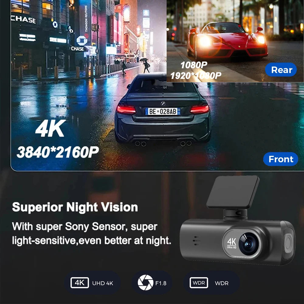 UHD 4K WiFi Dash Cam Dual Lens Driving Recorder Car DVR Optional 1080P Rear Lens Camera GPS 24H Parking Monitoring Black Box