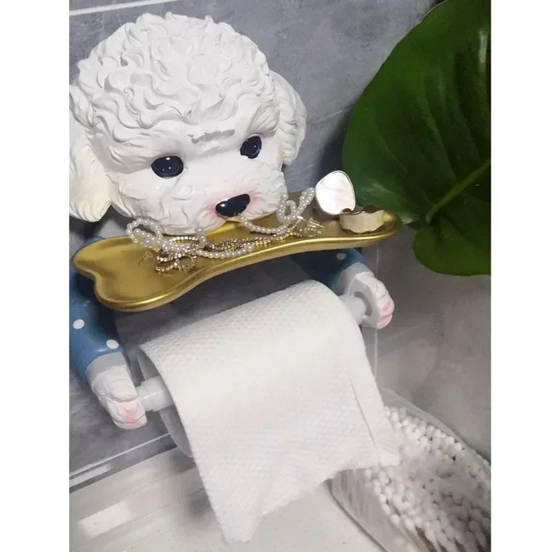 Cartoon Teddy Dog Toilet Paper Holder Punch Free Wall Mounted Toilet Tissue Roll Paper Storage Tray Rack Bathroom Decoration