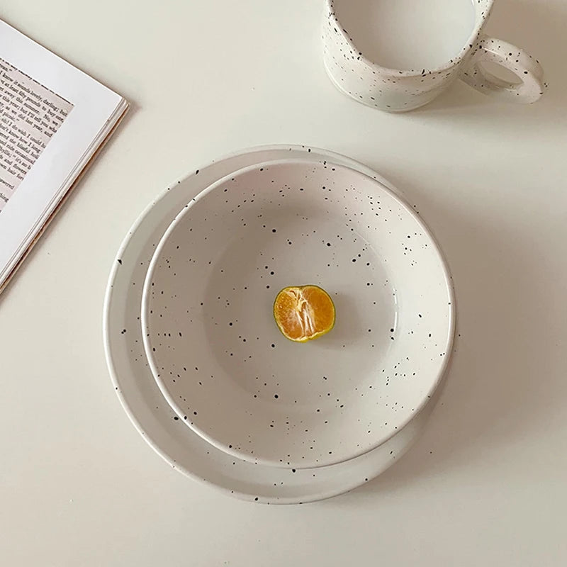 Retro Style White Ink-splashed Ceramic Bowl and Plate Western Food Steak Fruit Dessert Tray Salad Bowl Tableware Main Dish Plate