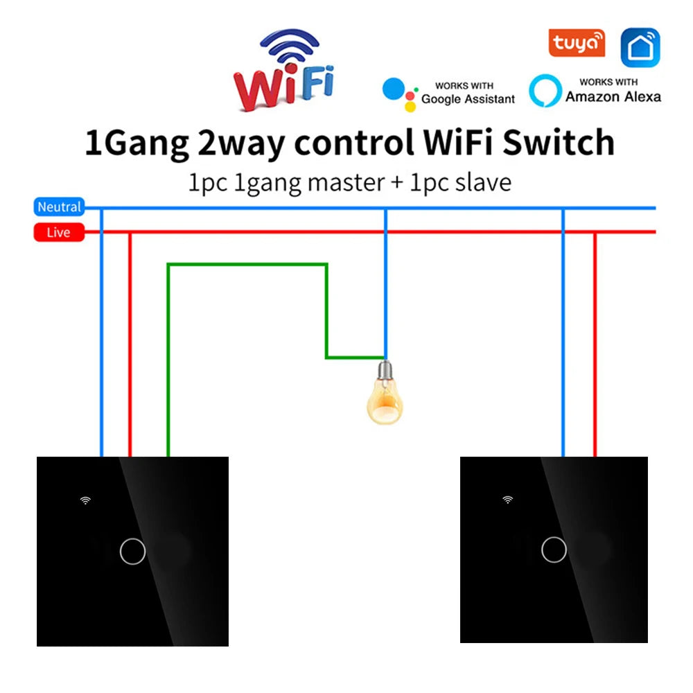 Wifi Smart  2way Switch 1gang 2gang 3gang Two Way Wall Touch Switch Voice and Smart Life TUYA APP Control For Stairs Corridors