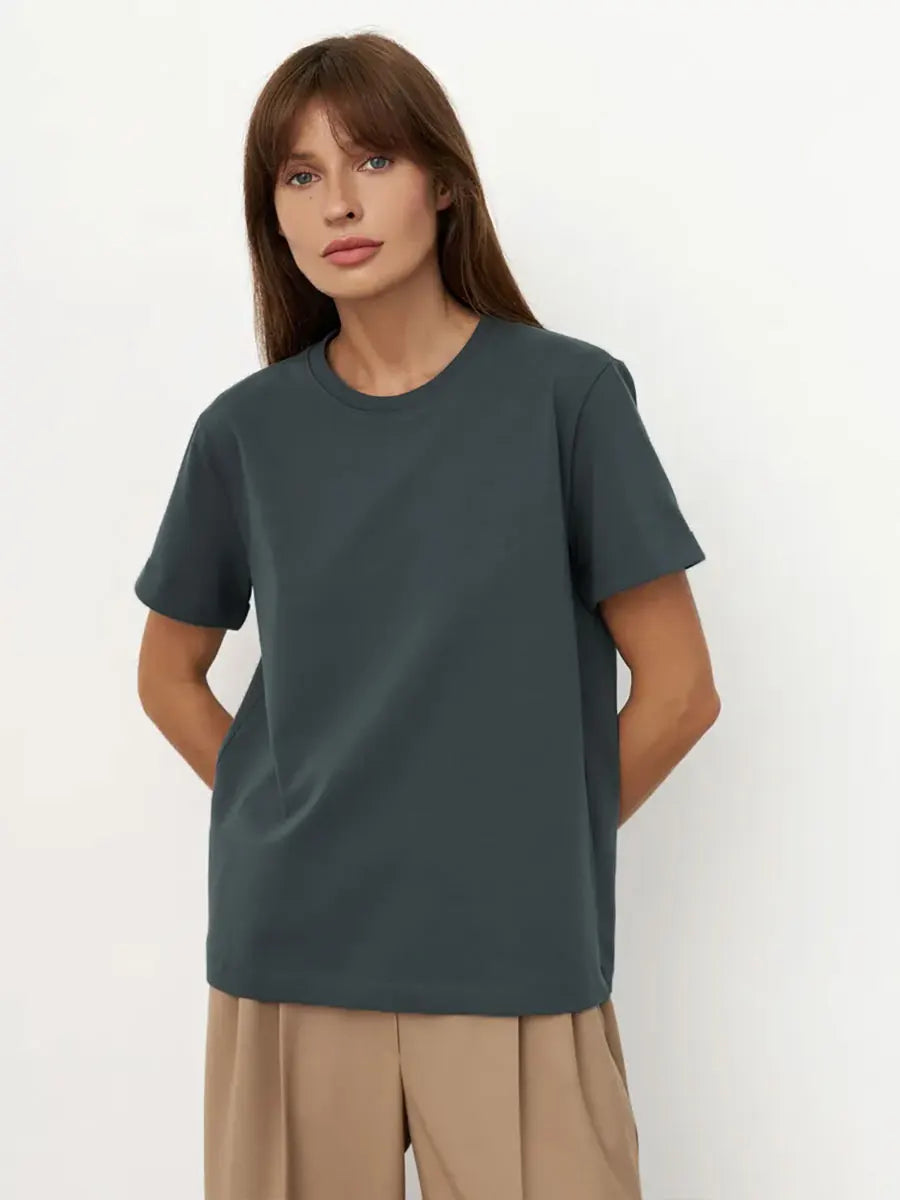 Cross border hot selling cotton T-shirt with round neck and short sleeves for European and American women loose basic top