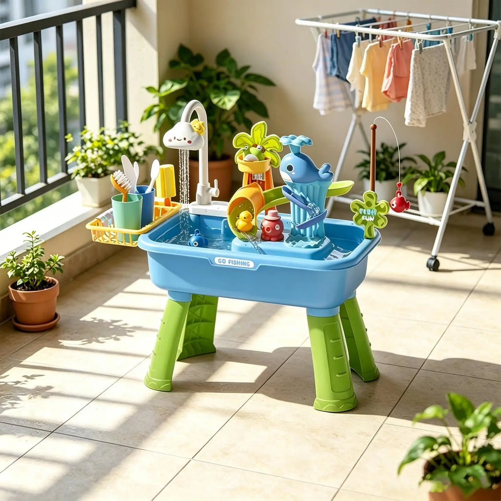 Kitchen Water table Sets with Pump,Tableware & Fishing Game for Kids,Children's Play Sink with Running Water & Electric Faucet