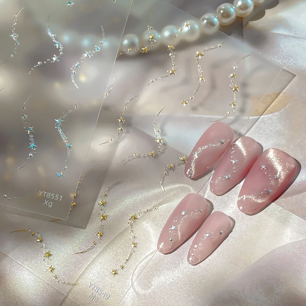 Cute Shiny Stars Chain Nail Stickers Gold and Silver Wavy Star Lines Self Adhesive Nail Stickers for Summer Nail Art Decoration