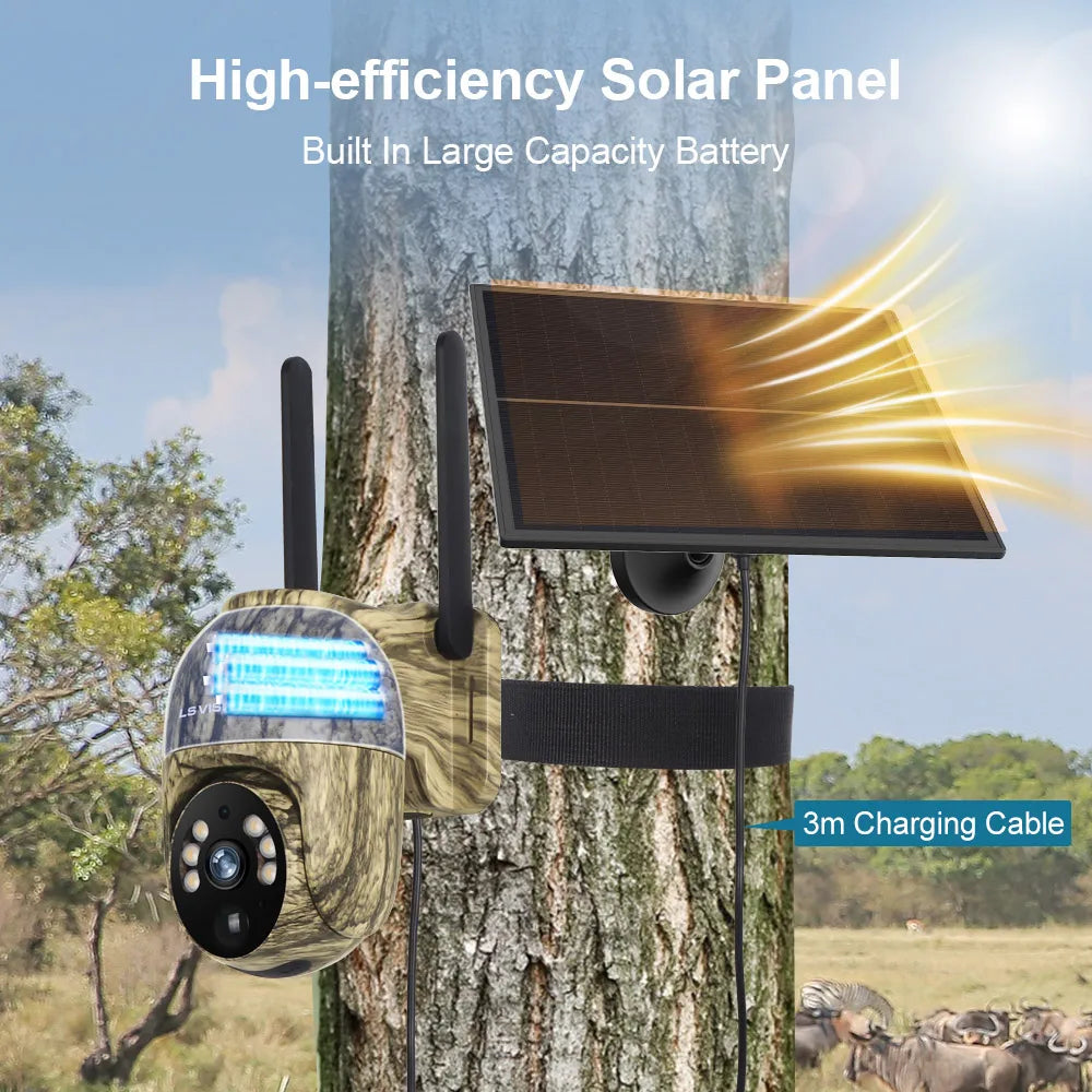 LS VISION 2K 4G Solar Security Cameras WIFI Wireless Outdoor 360° Live View Animal Monitoring Camouflage Color Battery PTZ Cam