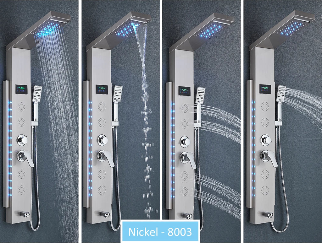 LED Shower Panel Tower System Rain Waterfall Shower Column Hydroelectricity LCD Display With Massage Body Spa Bath Shower Faucet