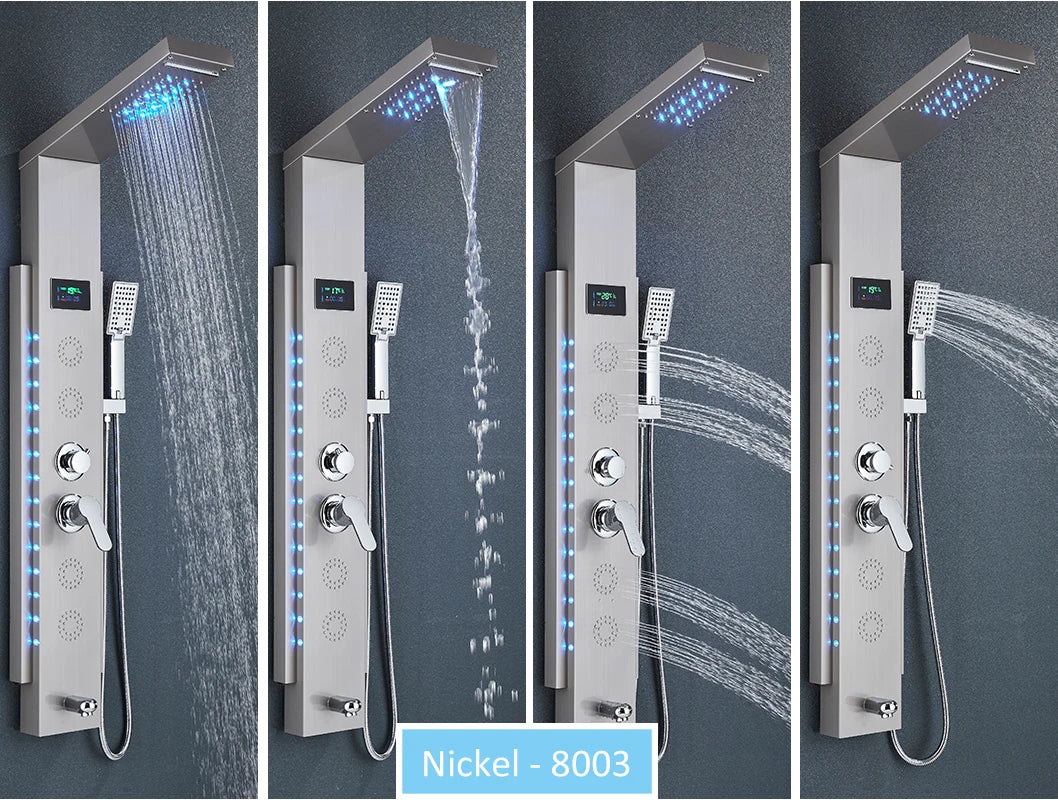 LED Shower Panel Tower System Rain Waterfall Shower Column Hydroelectricity LCD Display With Massage Body Spa Bath Shower Faucet