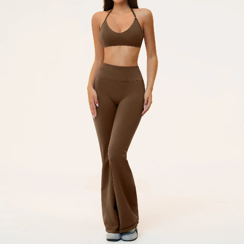 Seamless Yoga Suit 2PCS Women Tracksuit Sports Outfits Gym Workout Clothes Breathable Sports Bra Flared Pants Suit Yoga Clothing