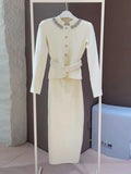 White Knit Two-Piece Style Dress with Rhinestone Button Belt Fitted Long-Length Women's Dress 2025 Fall New Arrival