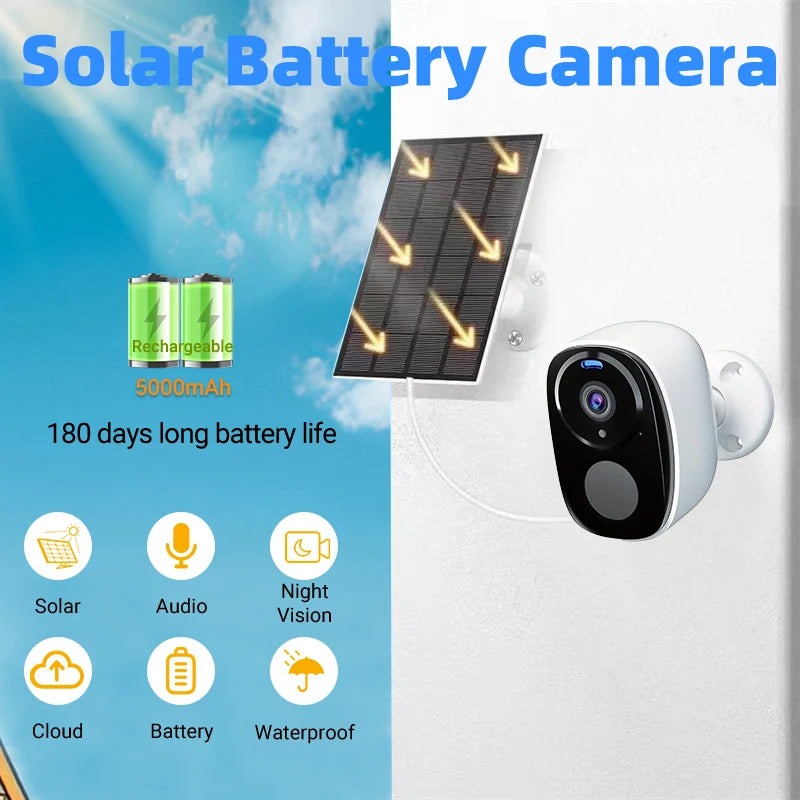 2K 5MP Solar Security Camera Wireless Outdoor Color Night Vision Battery Powered Support 2.4G WiFi, PIR, Waterproof, 2-Way Alexa