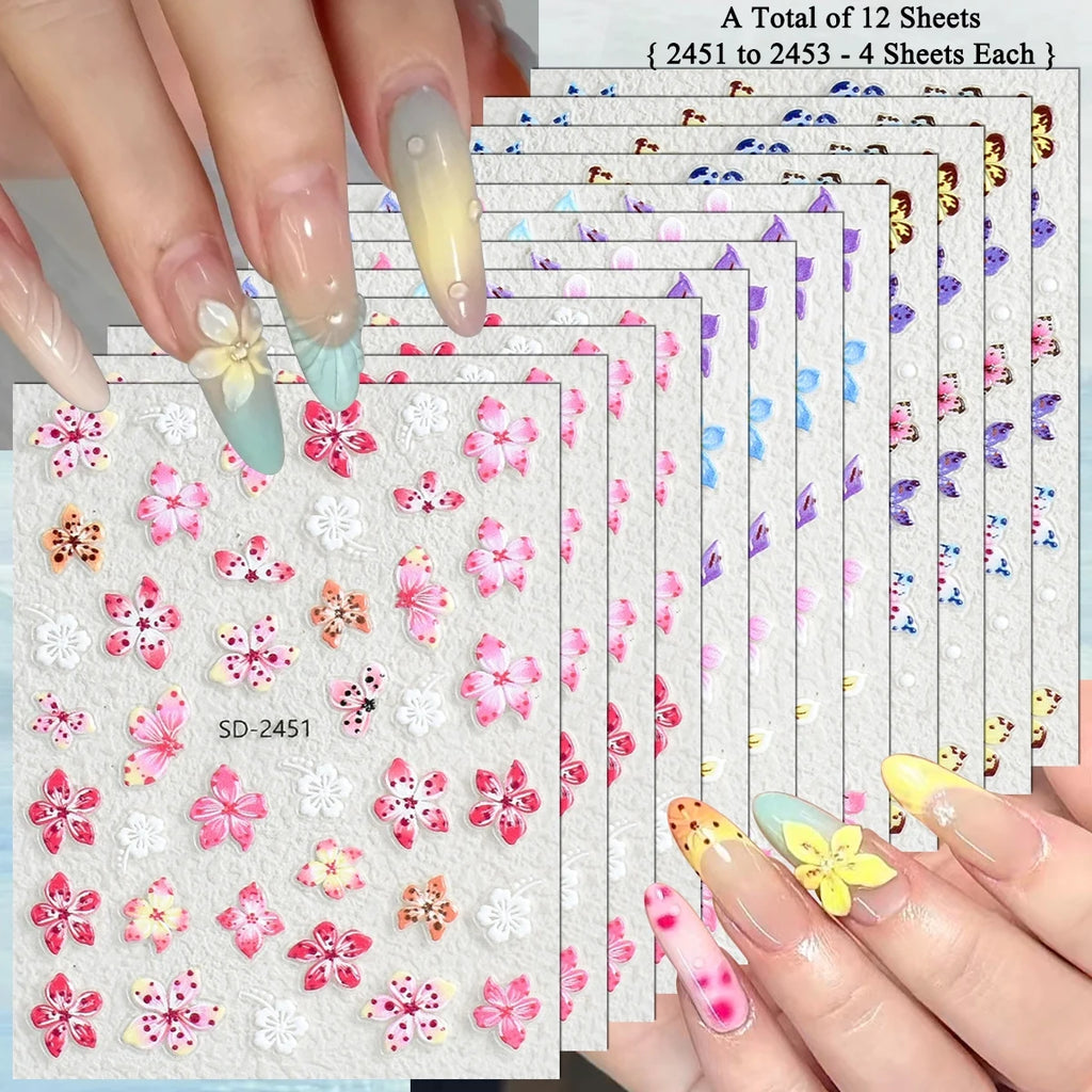 3 to 120 Sheets Tropical Flower Nail Stickers Hibiscus Butterfly Starfish Nail Decals 5D Embossed Self Adhesive Summer Nail Art