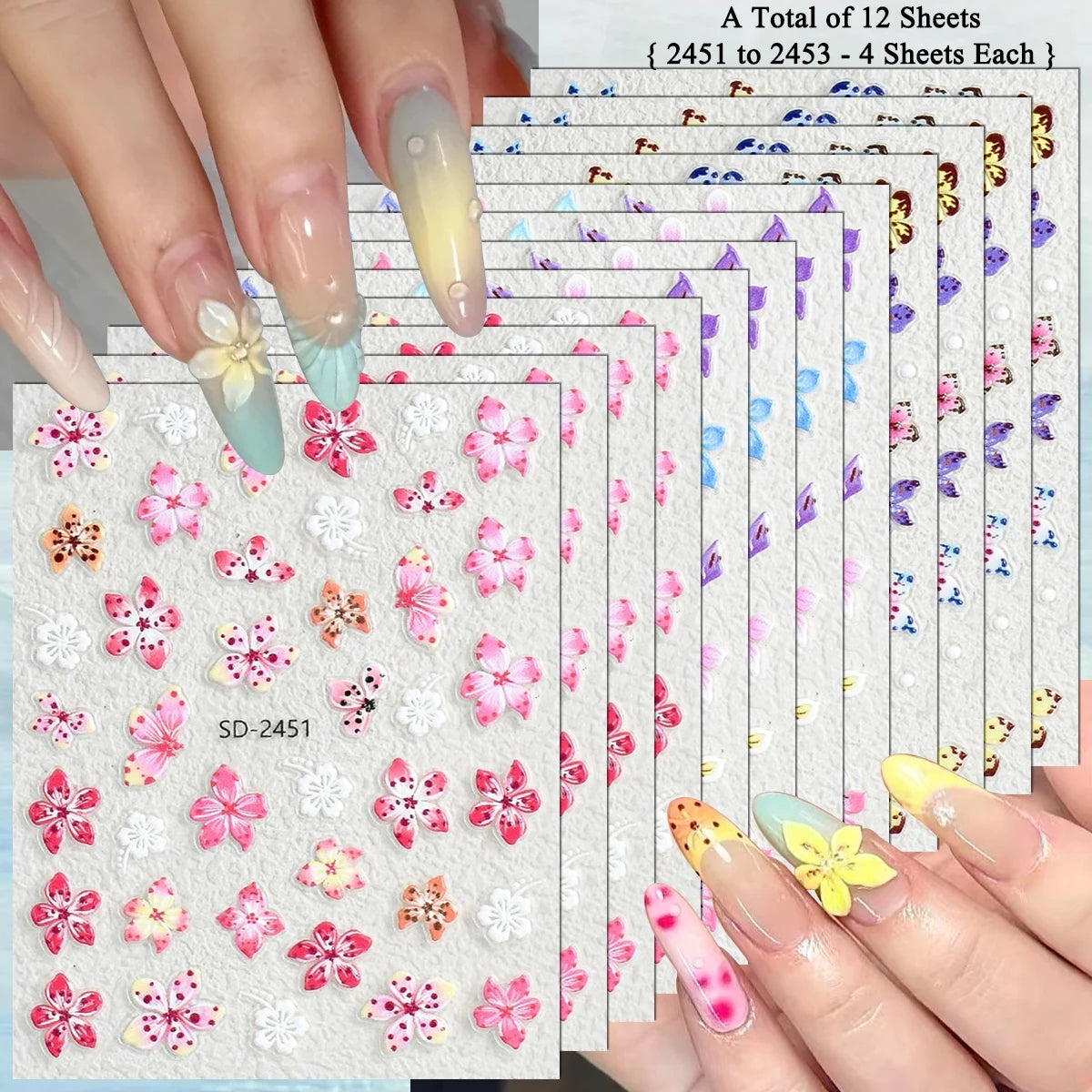 3 to 120 Sheets Tropical Flower Nail Stickers Hibiscus Butterfly Starfish Nail Decals 5D Embossed Self Adhesive Summer Nail Art