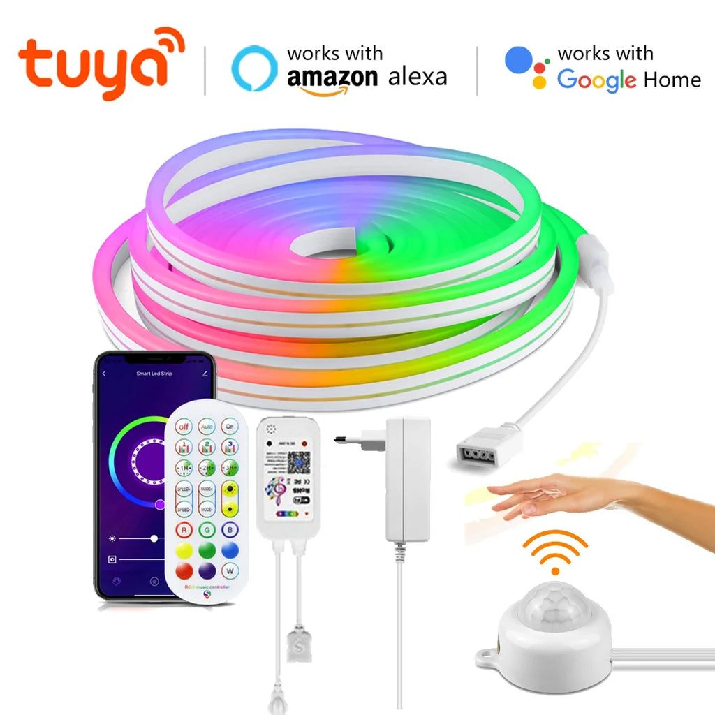 12V Smart Wifi APP Control LED Light RGB Neon Strip Night Light with PIR Motion Sensor Dimmable Silicone Tape Voice Assistant