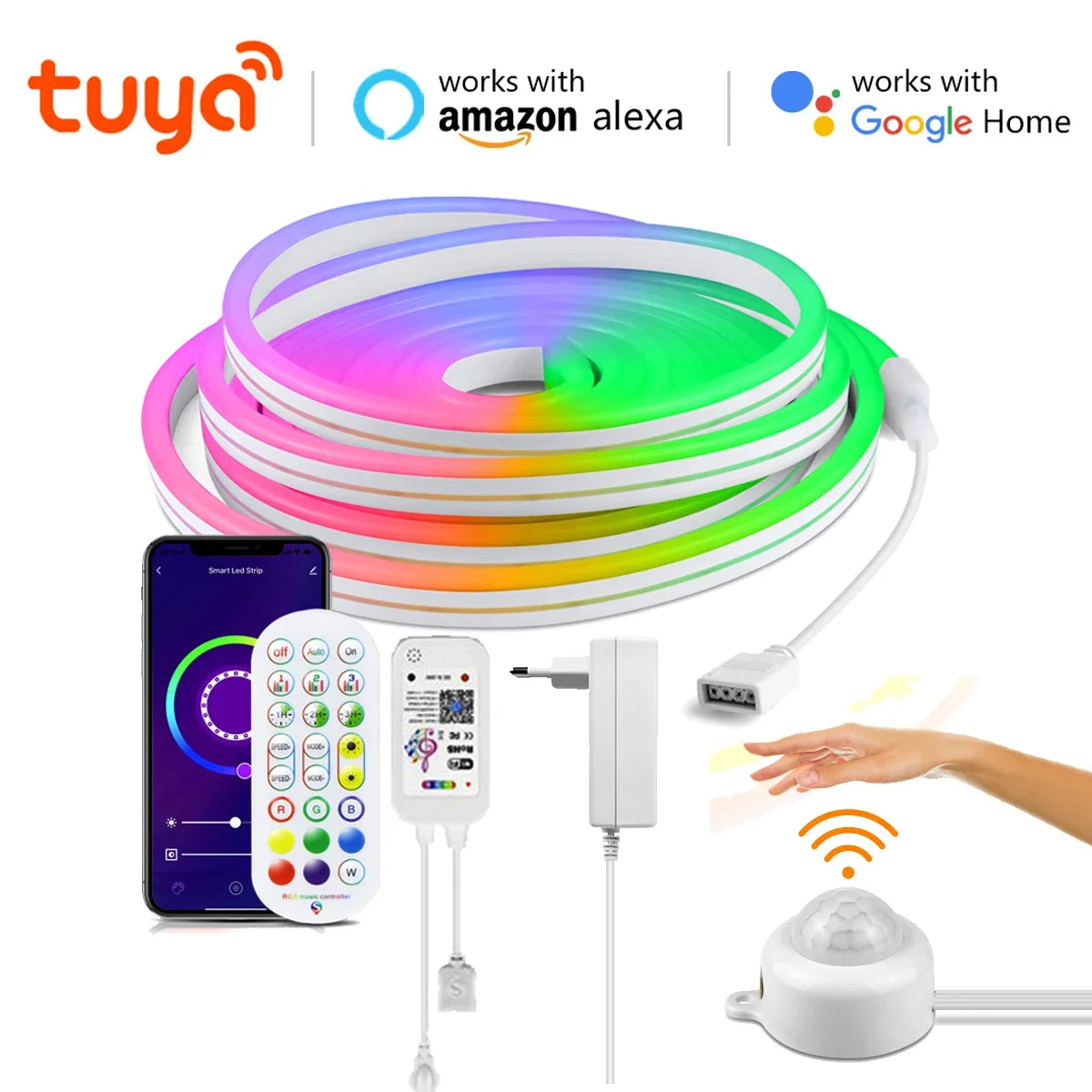 12V Smart Wifi APP Control LED Light RGB Neon Strip Night Light with PIR Motion Sensor Dimmable Silicone Tape Voice Assistant