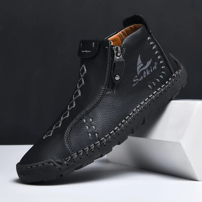 Handmade Leather Casual Shoes For Men Sneakers Men Flat Footwear Zipper Leather Boots Men Ankle Plus Size 39-48