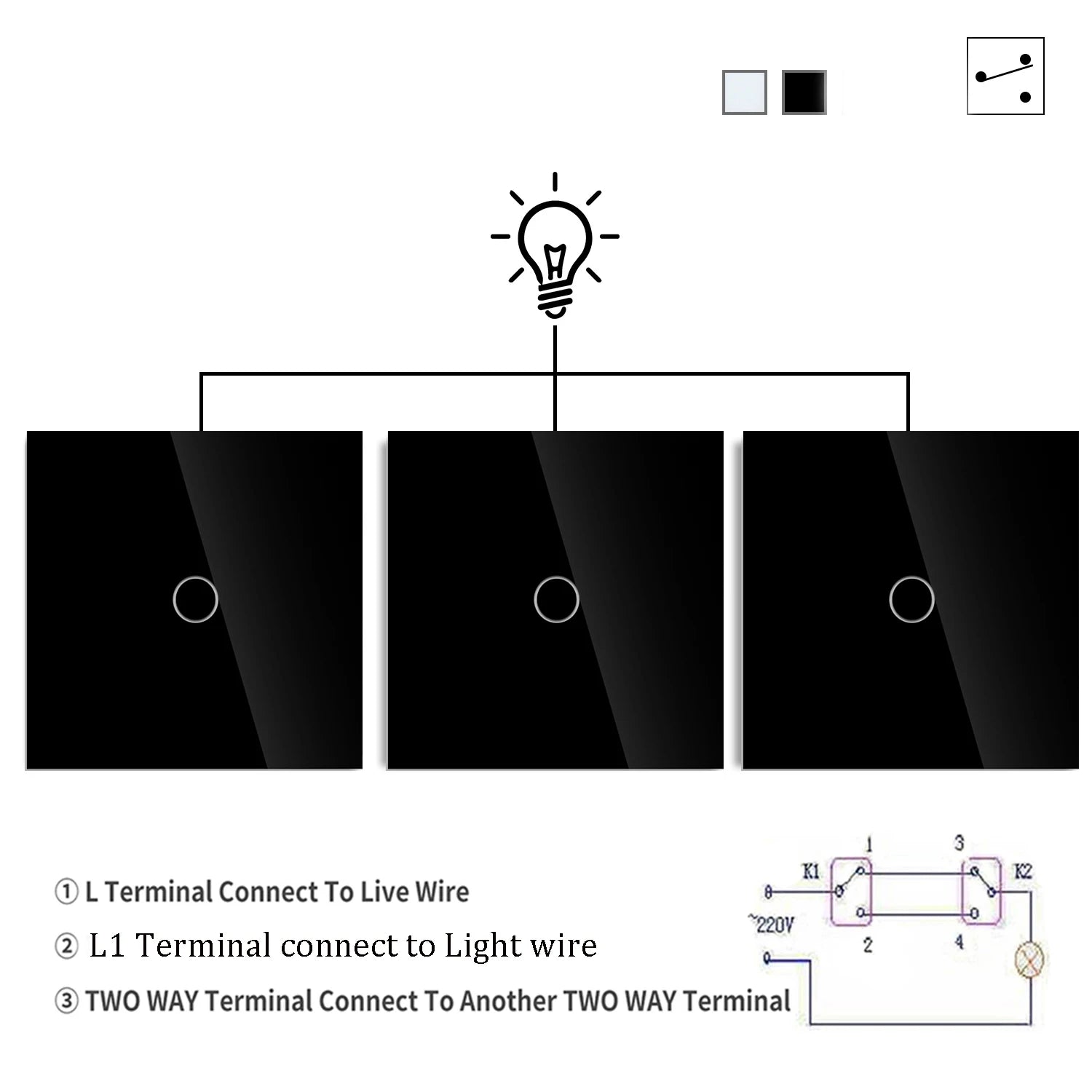 1gang 2way 3way Touch Switch Wall Light Switches No Neutral Wire With Tempered Glass 240V No Wifi No RF433