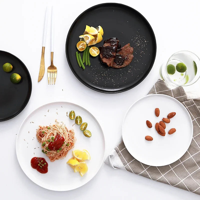 10 inch ceramic black and white Western style steak plate Commercial tableware Modern household circular sushi salad plate