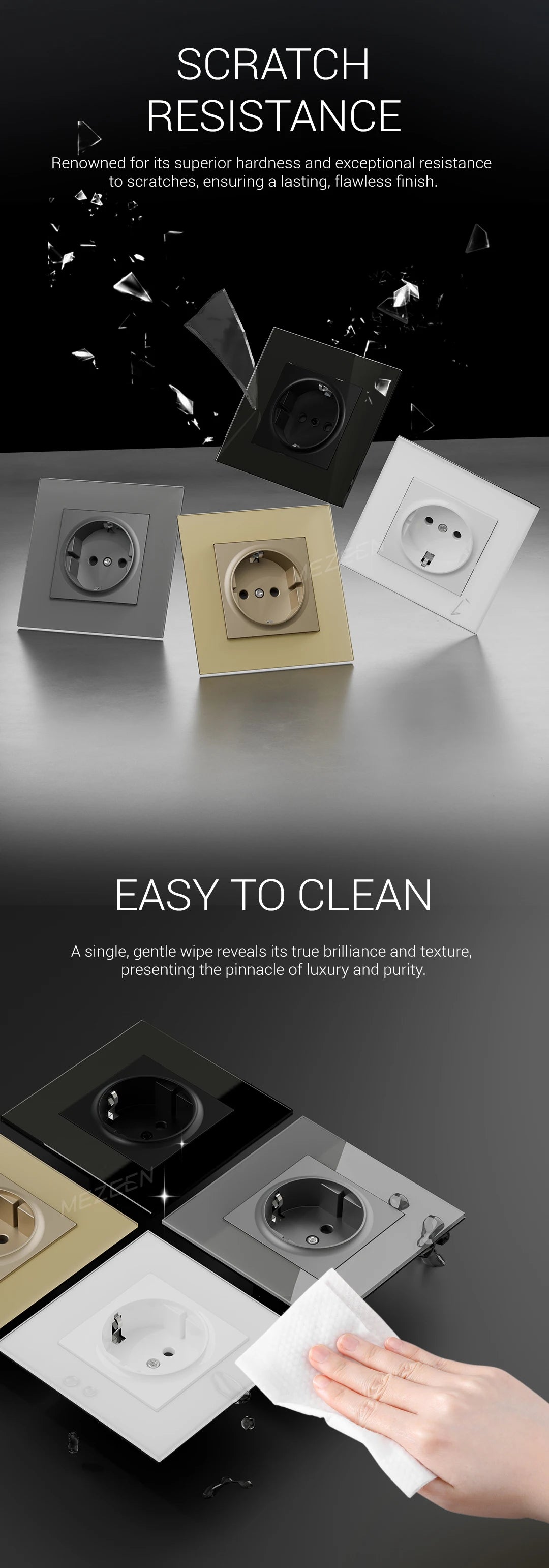 Factory Direct Selling High Quality EU Standard 10 /16Amp Electric Luxury Tempered Glass Light Wall Switch and Socket
