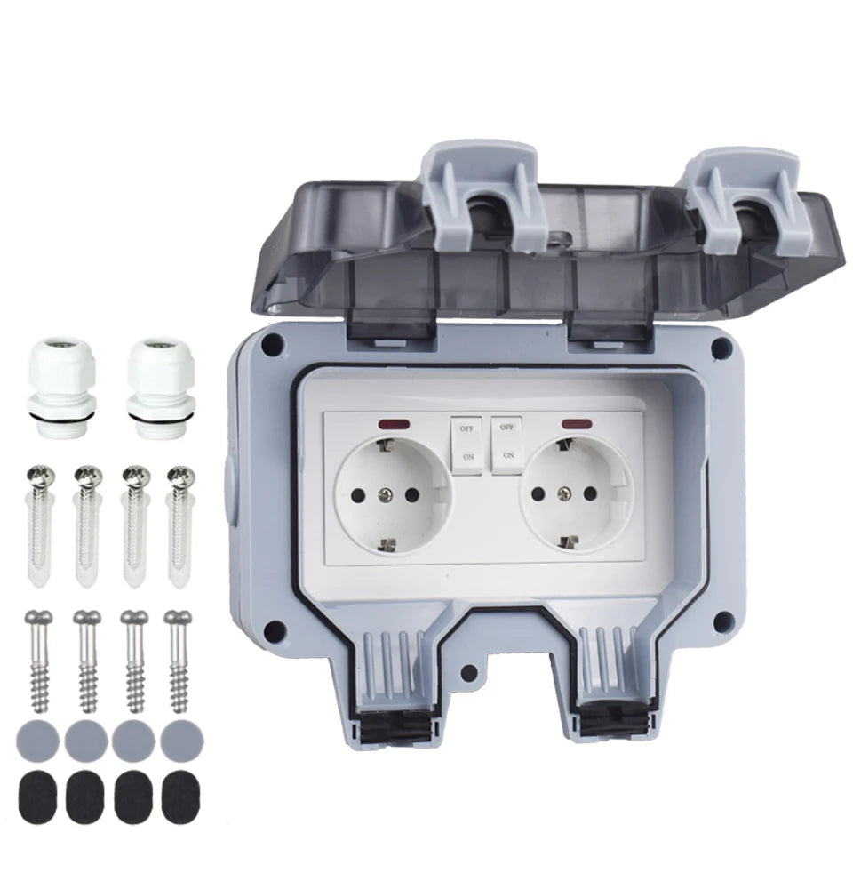 Double EU Socket Power Supply Switch Socket 16A Outdoor Wall Power Socket With USB Charging for Home& Garden IP66 Weatherproof