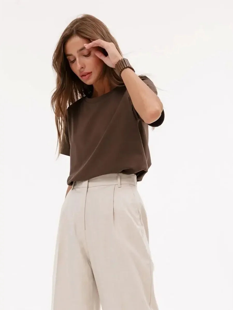 Wolfeel Summer 100% Cotton Women's T-shirt Bottoming Basic Fashionable Solid Lady Short Sleeve Loose Tops Shirts 230g/㎡ Tops