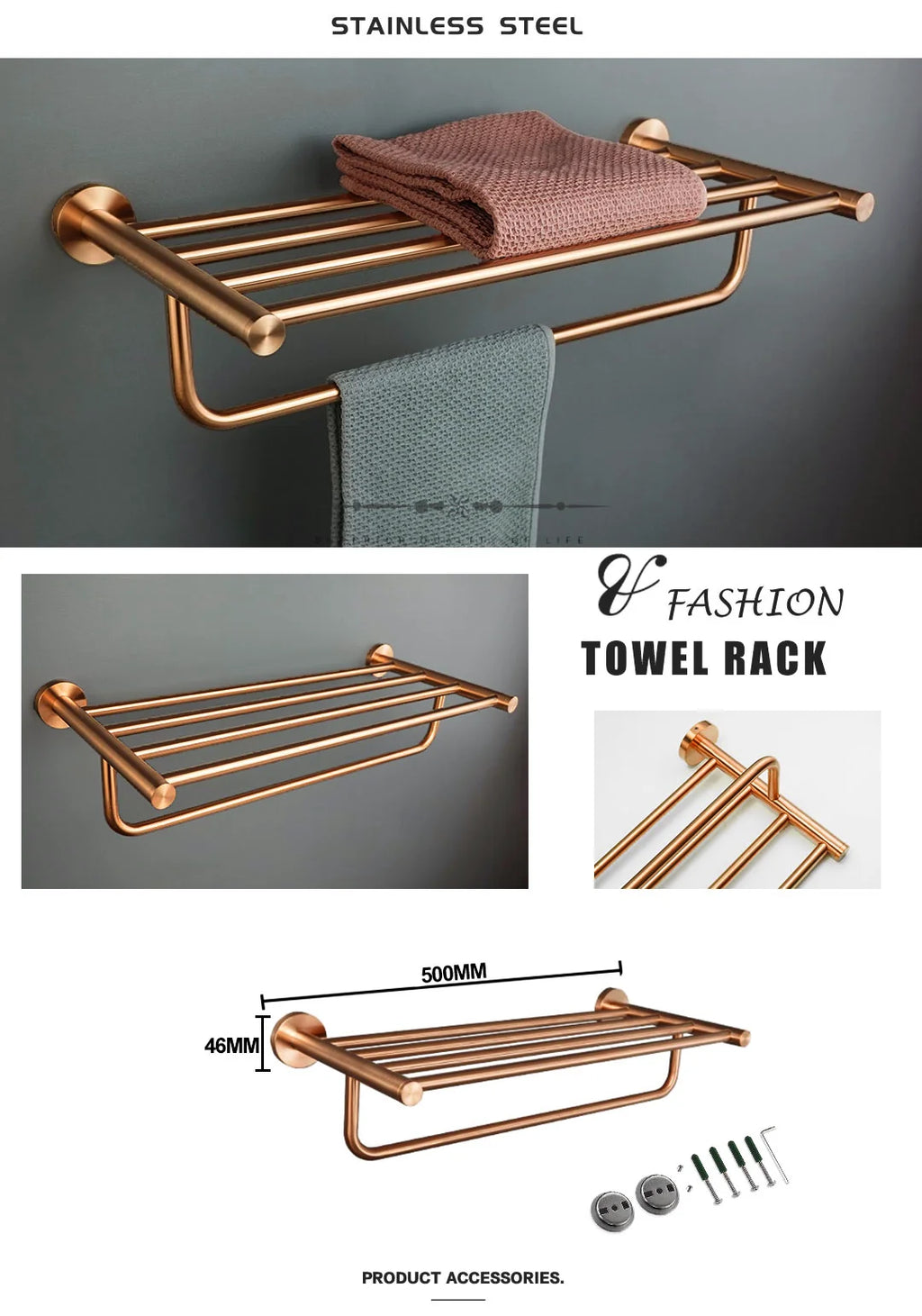 High-quality Brushed Rose Gold 304Stainless Steel Beautiful Wall Hook Toilet Paper Holder Towel Bar Bathroom Accessories