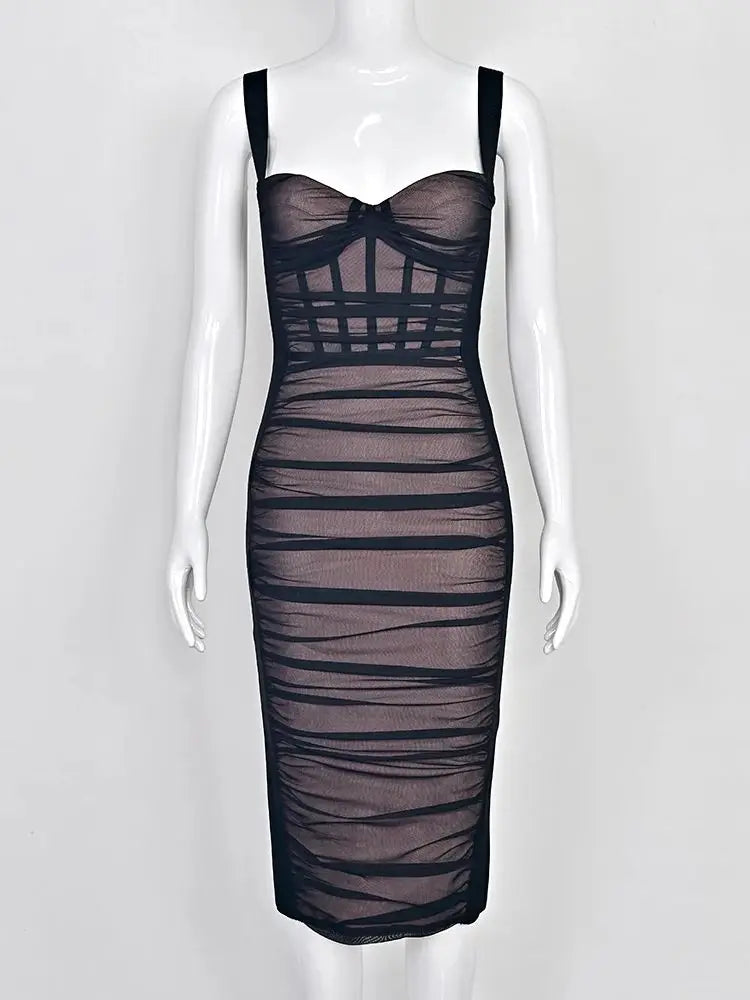 BEAUKEY Sexy Vintage Black Bandage Dress 2025 For Women Summer Draped Spaghetti Split Contrast Bodycon Dress XL Paded Vestido