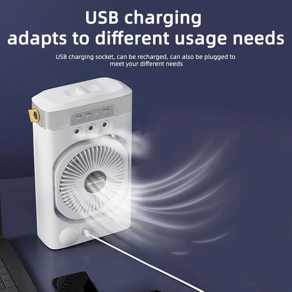 Summer Cooling Fan USB Electric Fan Portable Humidifier LED Night Light 3-in-1 Fan Air Conditioner Suitable for Home and Office