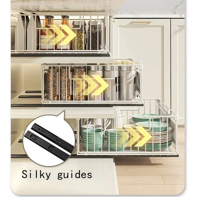Telescopic Kitchen Organizer - Adjustable Pull-Out Shelf, Space-Saving Cabinet Storage System with Sturdy Metal Construction